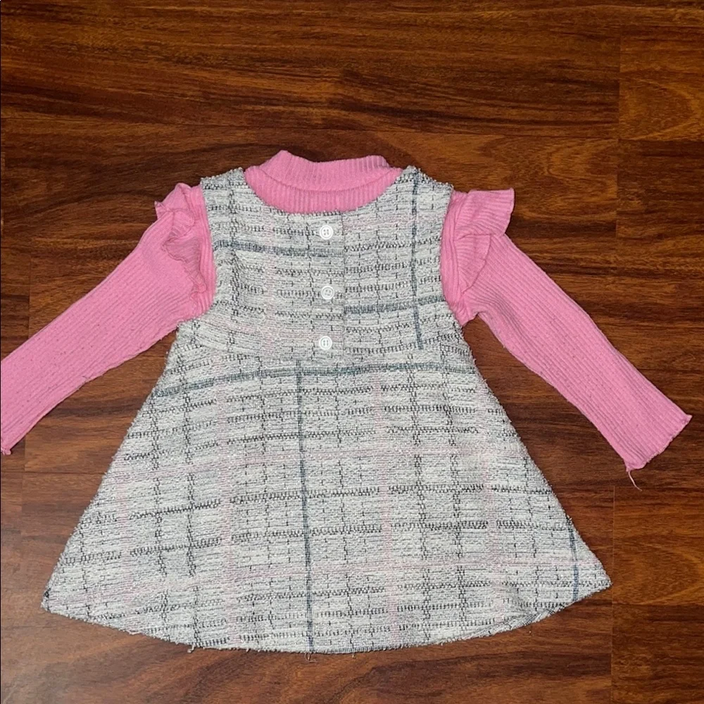Baby Girl Pink and Gray Plaid Dress with Ruffled Sleeves